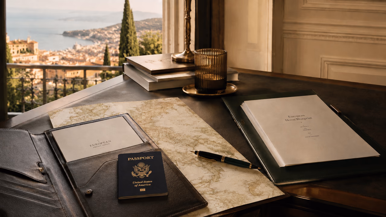 The European Home Blueprint on a desk beside a leather portfolio, a United States passport, an antique map of Italy and a fountain pen, overlooking an Italian coastal town