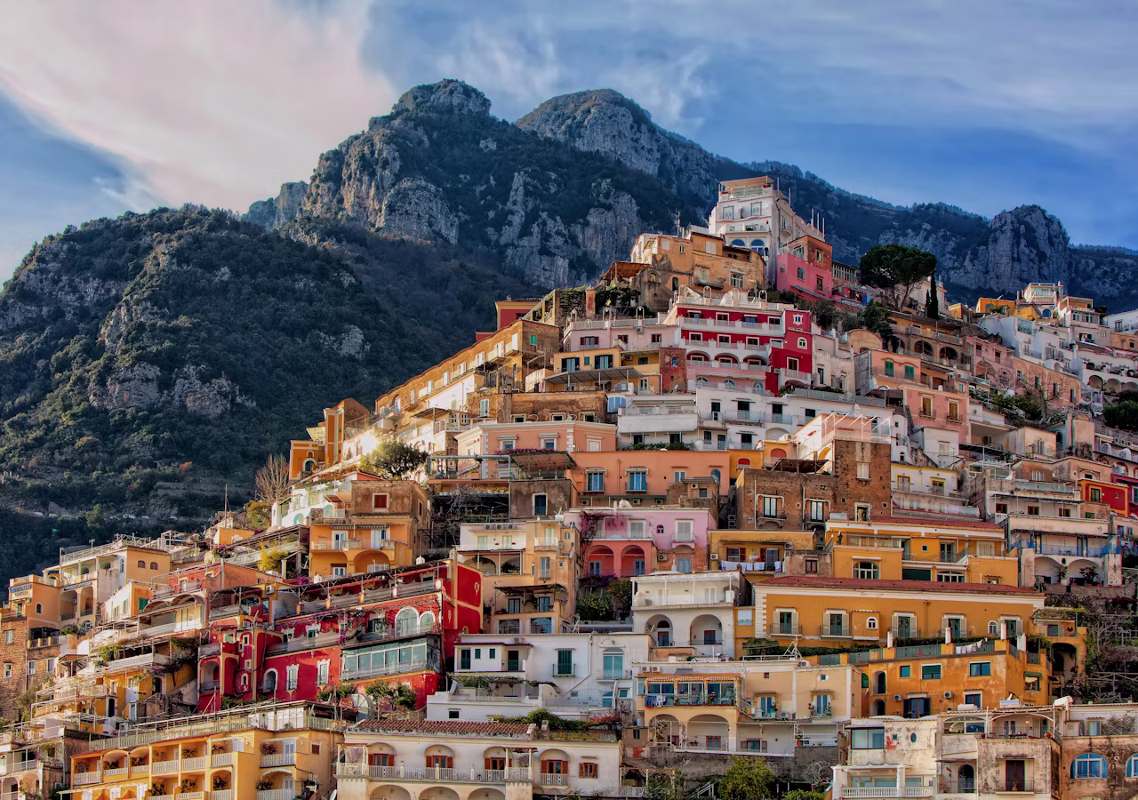 Cliffside village on the Italian coast at dusk