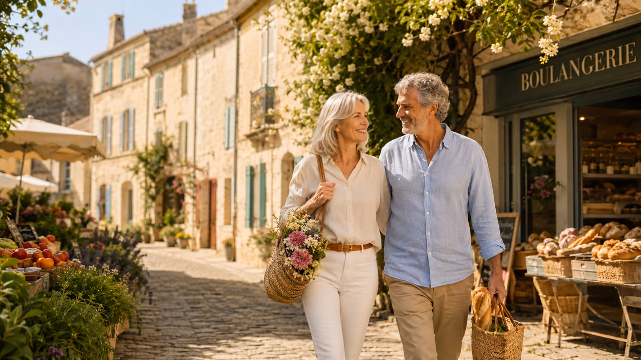 An American couple in their sixties walking through a French market street with bread and flowers