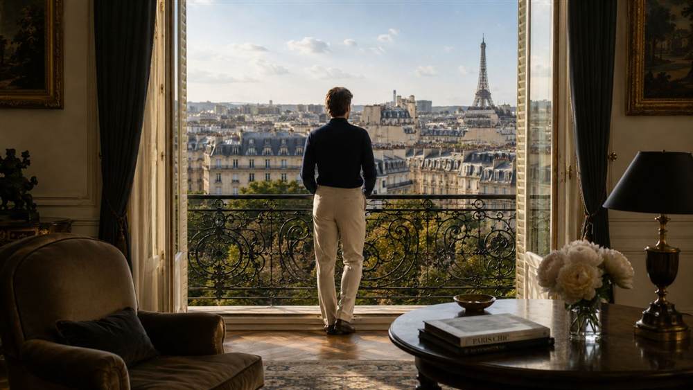 Paris apartment with balcony doors open toward the rooftops